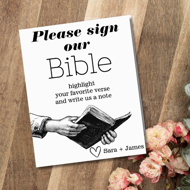 Underteckna vår bibel Bröllop Guestbook Black and  Poster (Wedding Bible Guestbook Table Sign)