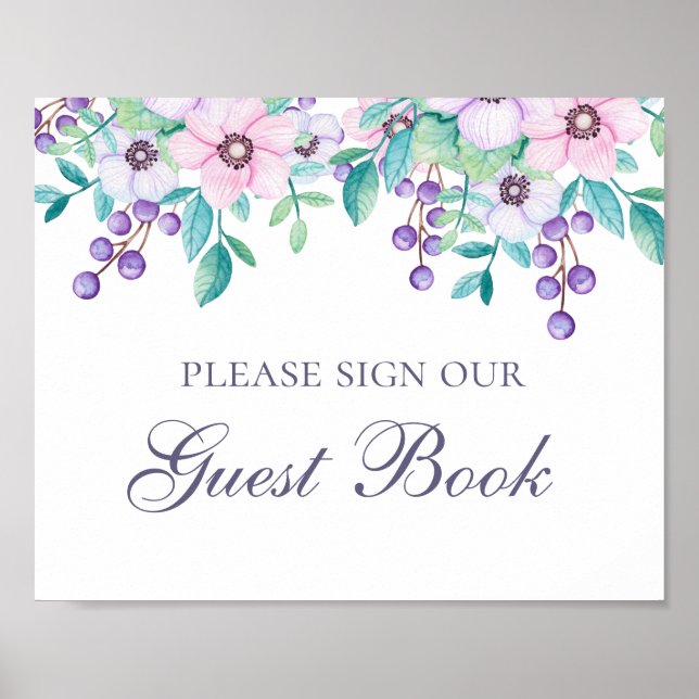 Underteckna vår gäst bok. Lila och rosa av blommor Poster (Framsidan)