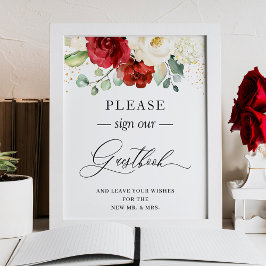 Underteckna vår Guestbook Burgundy Red White-Blomm Poster
