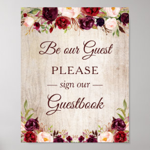 Underteckna vår Guestbook Rustic Wood Burgundy Red Poster