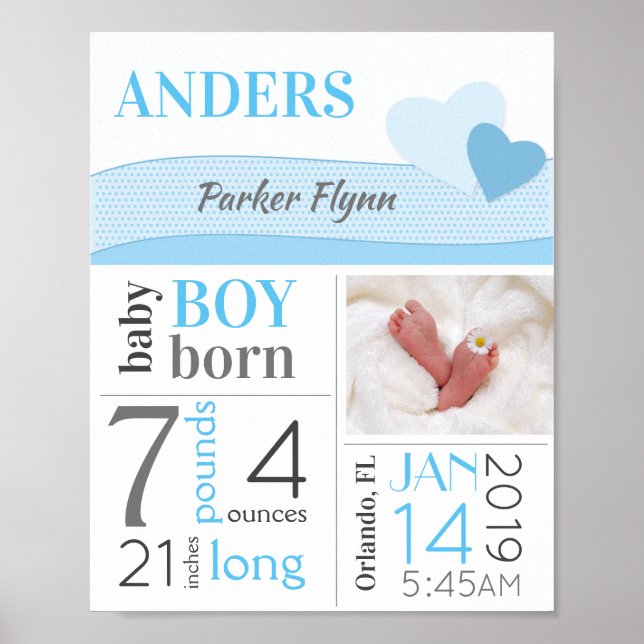 Undertecknande av Blue Hearts Pojke Birth Stats Si Poster (Framsidan)