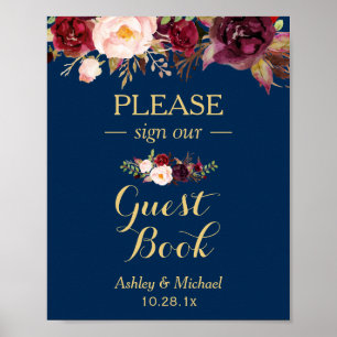 Undertecknande av Burgundy Blommigt Navy Blue Gues Poster