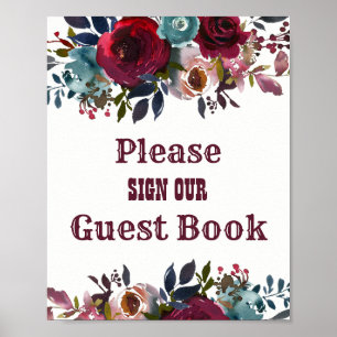 Undertecknande av Burgundy Red Blommigt Guest Bok Poster