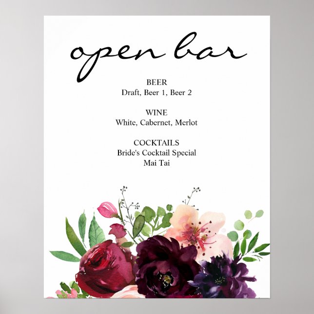 Undertecknande av Burgundy &  Rosa Blommigt Pub Poster (Framsidan)