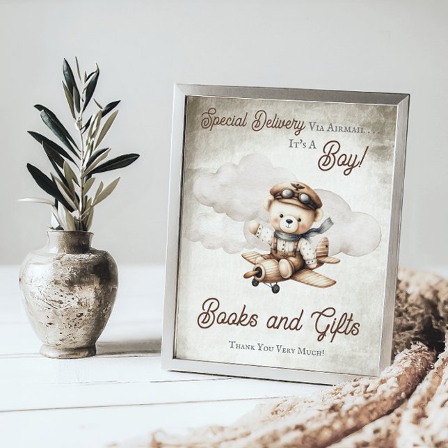 Undertecknande av favoriter för Nalle av flygplan Poster ("Special Delivery Via Airmail  It's A Boy!" Teddy Bear | Airplane Baby Shower Books and Gifts Sign)