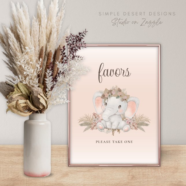 Undertecknande av favoriter i Boho Blommigt Elepha Poster (Cute Boho Baby Shower Favors Sign with Elephant Pampas Grass and Simple Floral Design)
