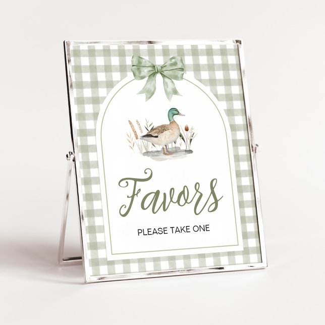 Undertecknande av Gingham Mallard Anka Baby Shower Poster (Sage Green Gingham Mallard Duck Hunting Country Baby Shower Sign)