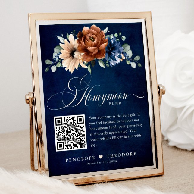 Undertecknande av Hedersfonden för Terracotta Navy Poster (Honeymoon fund wedding sign with terracotta and navy florals)