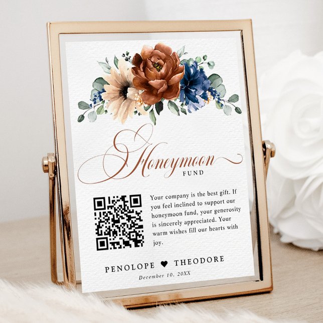 Undertecknande av Hedersfonden för Terracotta Navy Poster (Honeymoon fund QR code sign with terracotta and navy flowers)