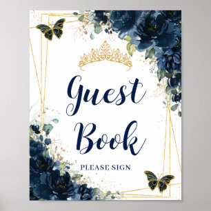 Undertecknande av marinblått Blommigt Guld Quincea Poster