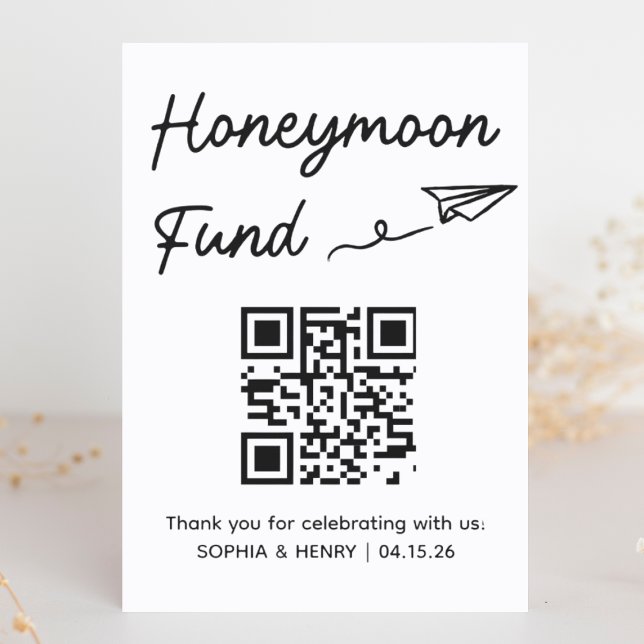 Undertecknande av Minimalistisk Honeymånfond QR-ko (This sleek, minimal honeymoon fund sign with a QR code is perfect for modern tech-savvy weddings.)