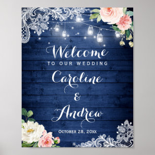 Undertecknande av Rustic Blue String Ljus Snöre Bl Poster