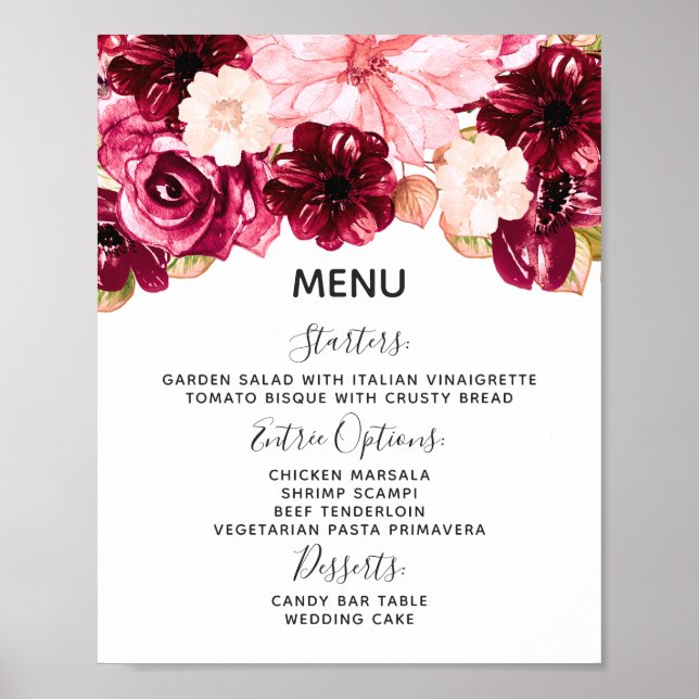 Undertecknande för Burgundy & Rosa Blommigt Bröllo Poster (Framsidan)
