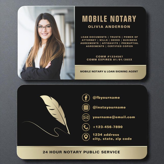 Undertecknar Agent Mobile Notary Photo Black & Gul Visitkort (Skapare uppladdad)
