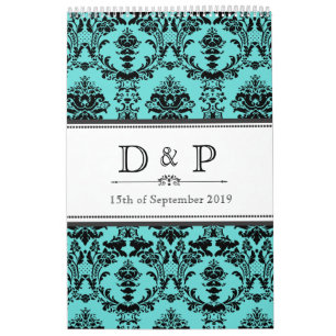 Undertecknar damastast Monogrambröllop för Aqua Kalender
