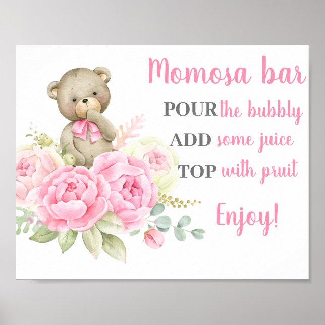 Undertecknet Baby Shower Girl Bear Momosa Poster (Framsidan)