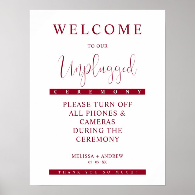 Undertecknet Burgundy Minimalist Unplugged Bröllop Poster (Framsidan)