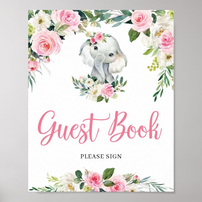 Undertecknet Cute Girl Elephant Baby Shower Guest  Poster (Framsidan)