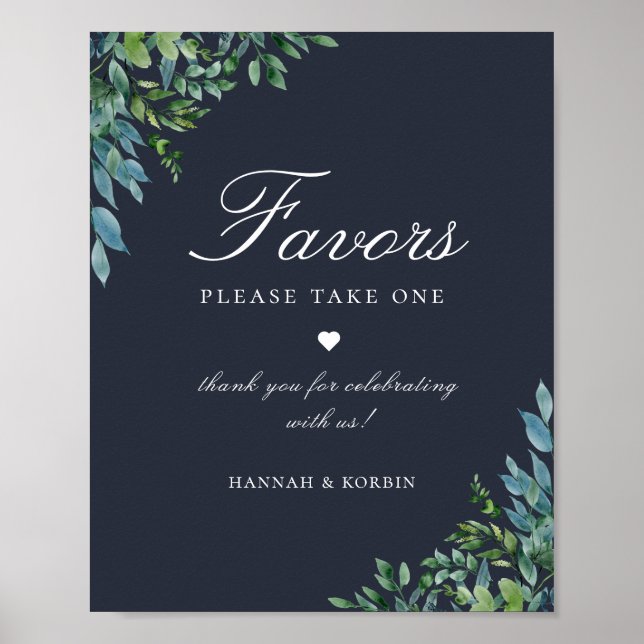 Undertecknet Forest Foliage Navy Blue Favor Bröllo Poster (Framsidan)