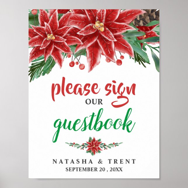 Undertecknet Red Poinsettia jul Guestbook Bröllop Poster (Framsidan)