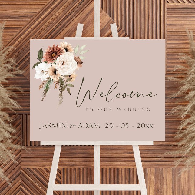 Undertecknet Ro Guld och Grönt Blommigt Bröllop Poster (Rustic Dusty Pink and Green Floral Wedding Sign)