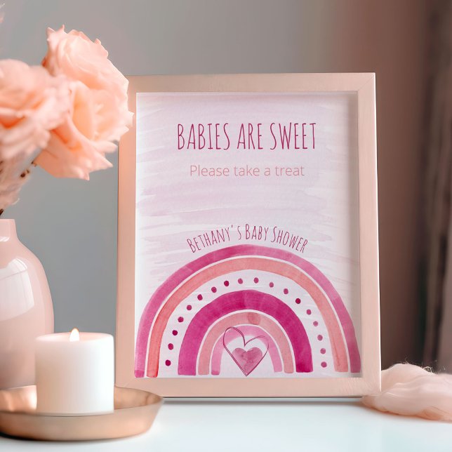 Undertecknet Rosa Baby Shower Favor Bord Poster (Rainbow baby shower favor table sign - babies are sweet, please take a treat - fully editable)