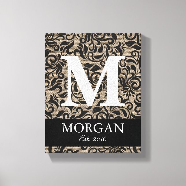 Undertecknet Rustic Monogram Damask Burlap Family  Canvastryck (Framsida)
