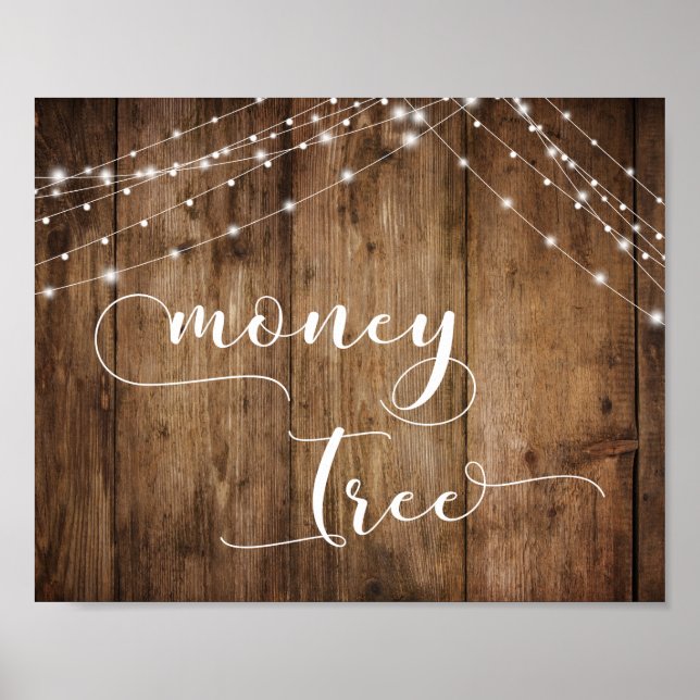 Undertecknet Rustic Wood och Ljus Bröllop Money Tr Poster (Framsidan)