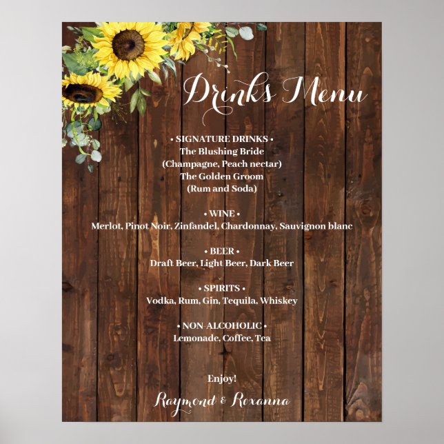 Undertecknet Solblommor Greenery Drinks Menu Bröll Poster (Framsidan)