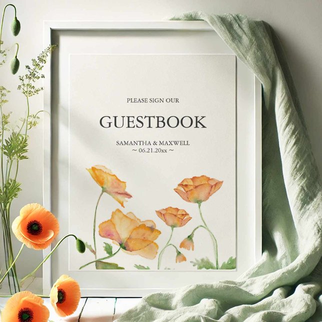 Underteckning av Orangen för nedre gäst Bok Poster (Wedding guestbook sign watercolor orange poppy flower art by Victoria Grigaliunas Do Tell A Belle)