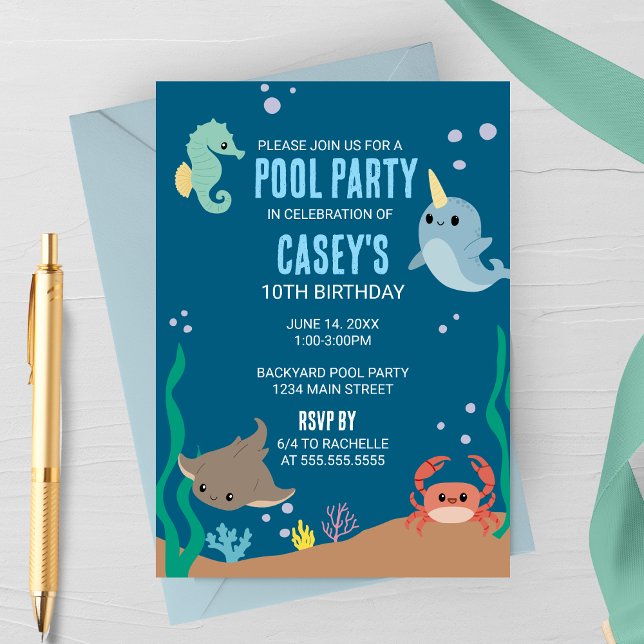 Undervattens Havsdjur Pool Party Födelsedagsfest Inbjudningar (Under Water Ocean Themed Birthday Party Invitation)