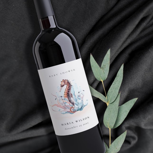 Undervattens Sjöhästar Sjögräs Korall Baby Shower Vinflaska Etikett (Skapare uppladdad)