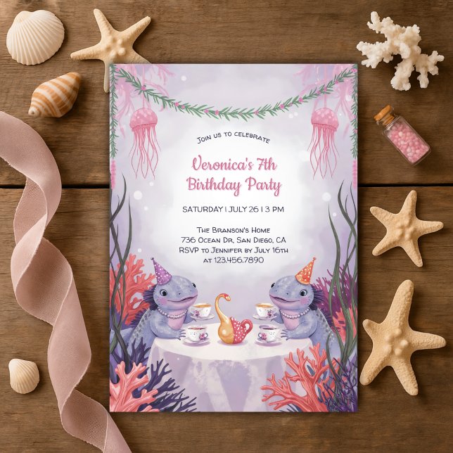 Undervattensdag Tea Party Cute Axolotl Ocean Birth Inbjudningar (Underwater Tea Party Birthday Invitation – Cute Axolotl Ocean Birthday Invite)