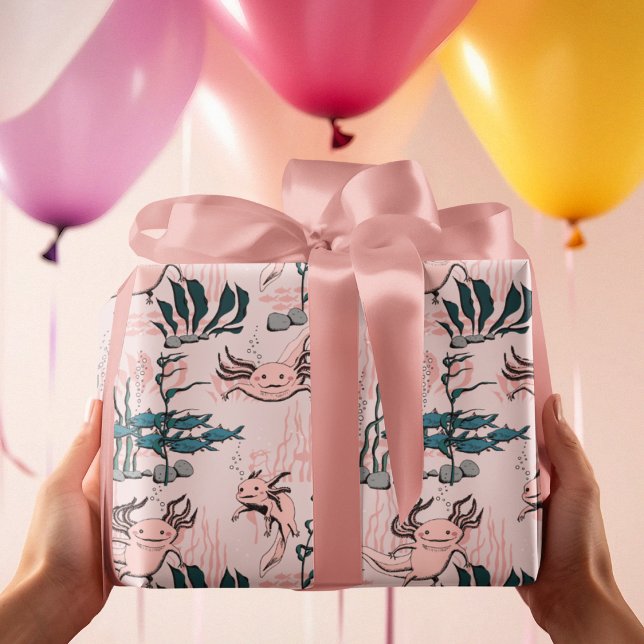 Undervattensdjur Axolotl Rosa & Grönt Kids Animal Presentpapper (Pink Axolotl Amphibian in Underwater Aquatic Pattern in Pink and Green. Hand Drawn Animal Drawing.)