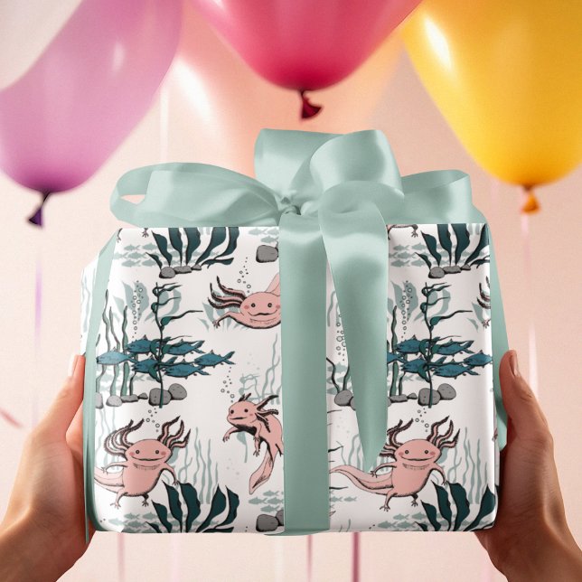 Undervattensdjur Axolotl Rosa & Gult Kids Animal Presentpapper (Cute Pattern with Axolotl Amphibian Drawing and Underwater Aquatic Scene with  Swimming Fish & Rocks)