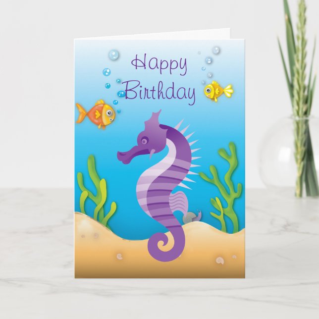 Undervattensfåglar Lila Seahorse Birthday Kort (Framsida)