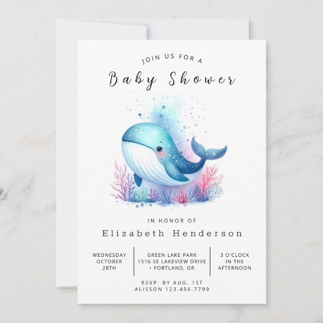 Undervattensfärgad digital Whale Baby Shower Inbjudningar (Framsida)
