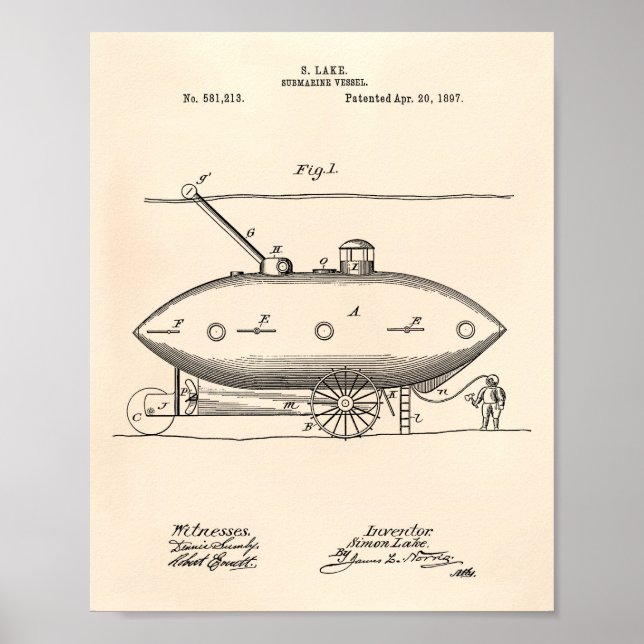 Undervattensfartyg 1897 Patent Art Old Peper Poster (Framsidan)