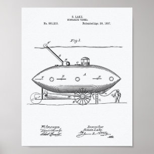 Undervattensfartyg 1897 Patent Art White Papper Poster