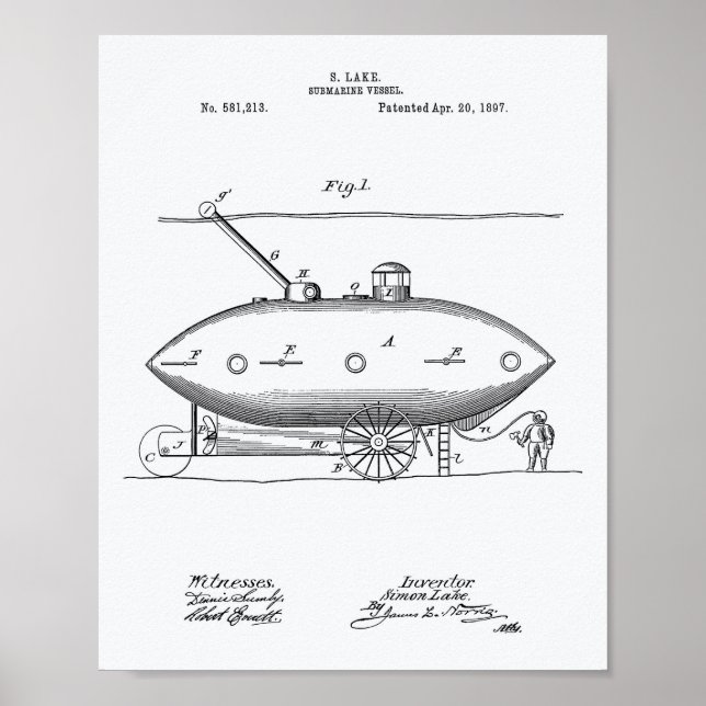 Undervattensfartyg 1897 Patent Art White Papper Poster (Framsidan)