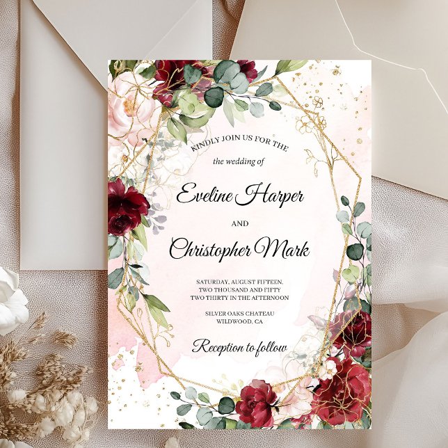 Undervattensfäste med djup röd merlot guld geometr inbjudningar (Boho blush burgundy pink and gold geometric wedding invitation )