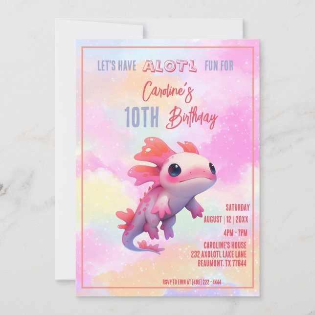 Undervattensfödelsedag för rosa-axolotl-regnbåge inbjudningar (Framsida)