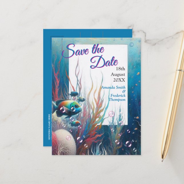 Undervattenskonst av fisk och korall i akryl meddelande vykort (Fram/Back In Situ)