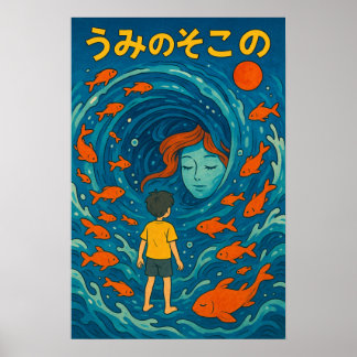 Undervattenspojke Guld fiskillustration Poster