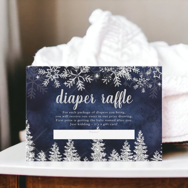 Undervattensraffa för havsfiske i gräs vid Winter  Tilläggskort (Winter silver snow pine navy diaper raffle baby enclosure card)
