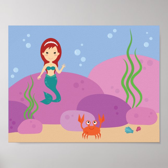Undervattenssjöjungfru hav tecknad barnkammare poster (Framsidan)