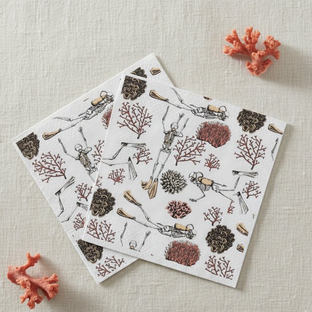 Undervattensskeleton Dyka Papper Pappersservett (White Skeleton Scuba Diver Underwater Pattern Paper Napkins for Halloween / Dia de los Muertos Party)