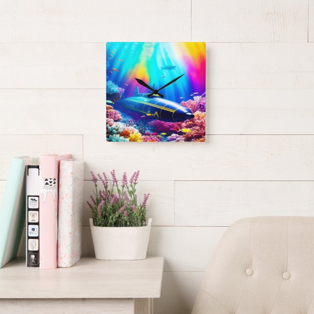 Undervattensubåt i vackra oceanen fyrkantig klocka (Läsesal)