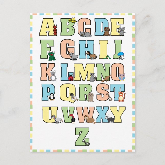 Undervisning i Cute Animals Alphabet Brev Vykort (Framsida)