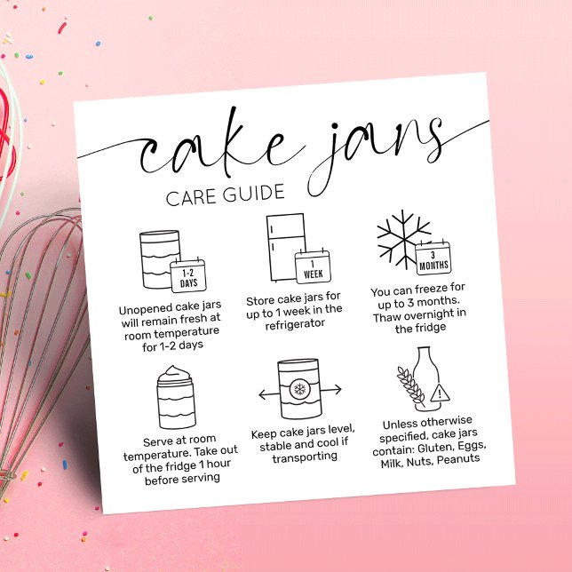 Undervisning om Burk-kummelns minimala kummelbaker Fyrkantigt Visitkort (Minimalist modern cake jars care cards with care icons, elegant script font)